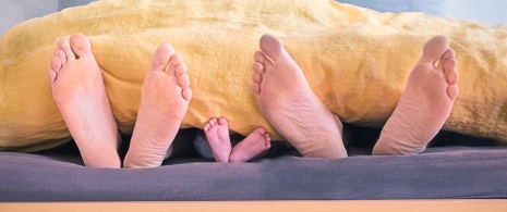 Piedi di una famiglia che sporgono dal letto