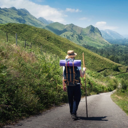 Pilgrim walking among mountains