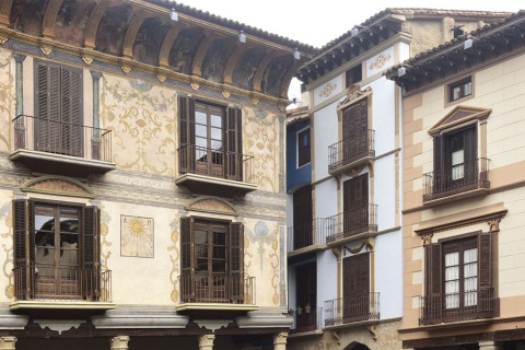 Decorated façades in the Plaza Mayor square in Graus (Huesca, Aragon)