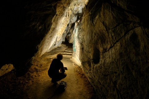 Man illuminating rock art representations in the Cueva de Chufín in Riclones, Cantabria