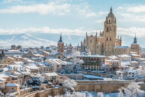 Views of the Cathedral and city of Segovia, Castile and Leon, covered in snow