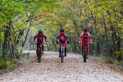 Group of cyclists on the Ruta de la Plata greenway in Cáceres