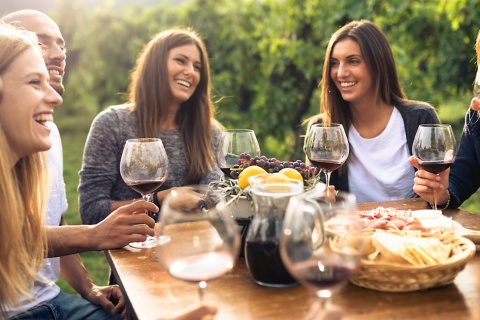 Des amis portant un toast avec un verre de vin rouge