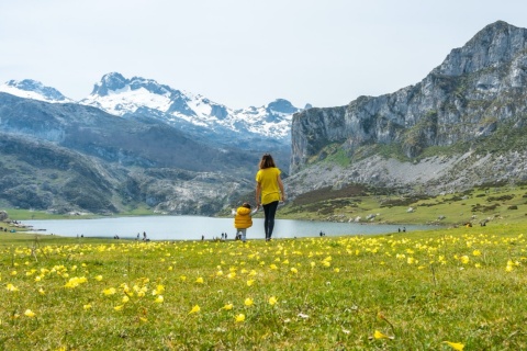 Turistas contemplando o lago de Ercina no Parque Nacional dos Picos da Europa, Astúrias