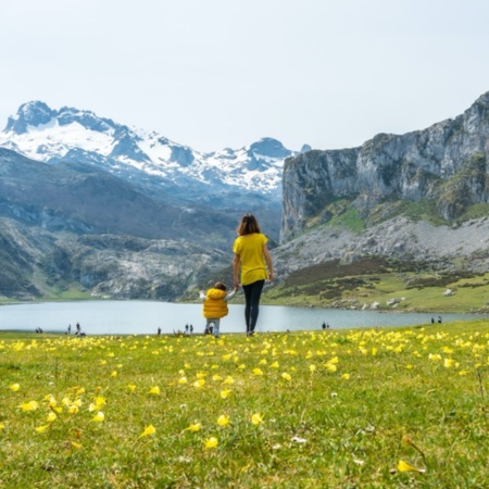 Tourists gazing at Lake Ercina, in the Picos de Europa National Park (Asturias)