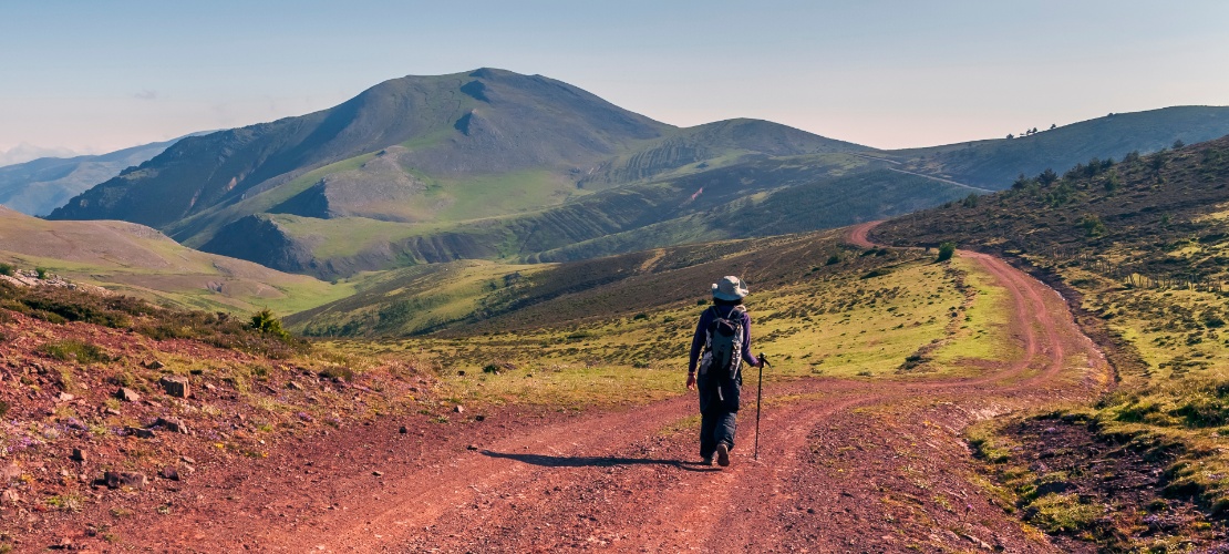 Un randonneur marche dans la sierra Cebollera un jour ensoleillé, La Rioja