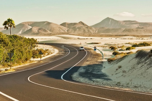 Road through the dunes of Corralejo. Fuerteventura. Canary Islands