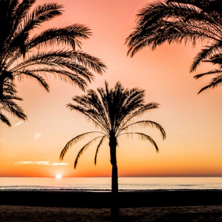 Sonnenaufgang am Strand von Cullera, Region Valencia