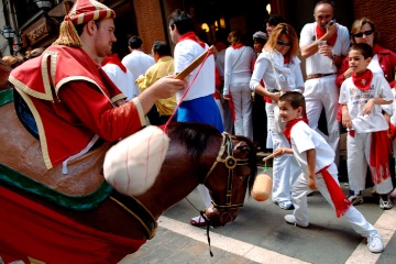 Zaldiko ou cavalinho, um dos componentes da trupe de gigantes e cabeçudos das festas de São Firmino em Pamplona (Navarra)