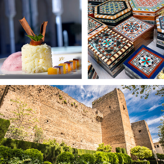 Arriba izquierda: Arroz con leche y dátiles © Parador de Carmona. Arriba derecha: Cajas Nazaríes artesanía árabe en Granada. Abajo: Castillo de Priego de Córdoba © Ayuntamiento de Priego de Córdoba