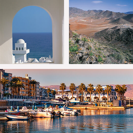 Top left: Indalo in Mojácar. Top right: Cabo de Gata. Below: Roquetas de Mar Port