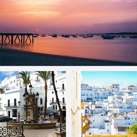 Top: Sanlúcar de Barrameda, Cadiz. Bottom left: Fountain in Vejer de la Frontera. Bottom right: General view of Vejer de la Frontera (©Rafa G.Bonilla)