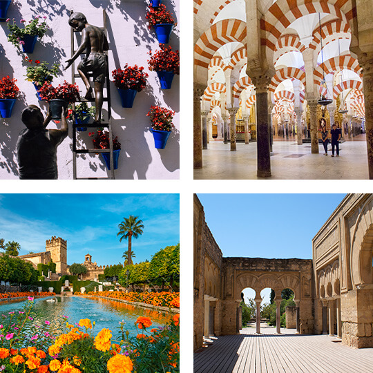 Sopra a sinistra: Cortili di Cordova. Sopra a destra: Moschea Cattedrale di Cordova © Turismo de Andalucía. Sotto a sinistra: Alcázar Re Cattolici. Sotto a destra: Medina Azahara