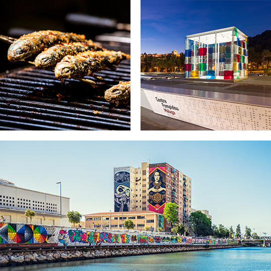 Top left: Sardine skewer. Top right: Pompidou Centre of Málaga © Ayuntamiento de Málaga. Below: Graffiti in the Soho neighbourhood, Málaga