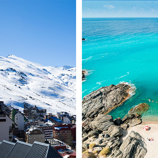 Derecha: Playa en Almuñecar. Izquierda: Vista aérea de Pradollano en el Parque Nacional de Sierra Nevada