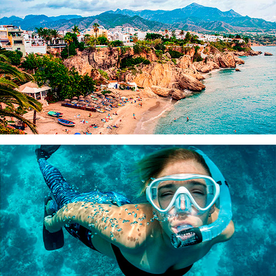 Strand von Nerja und junge Frau beim Schnorcheln