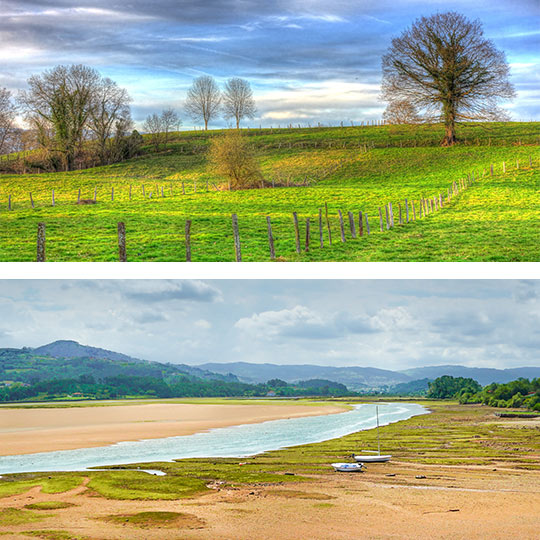 Above, the surroundings of Nava. Below, the Ría de Villaviciosa Partial Nature Reserve in Asturias