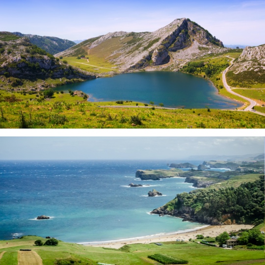 Above: Covadonga lakes in the Picos de Europa mountains, Asturias/ Below: Toranda beach, Asturias