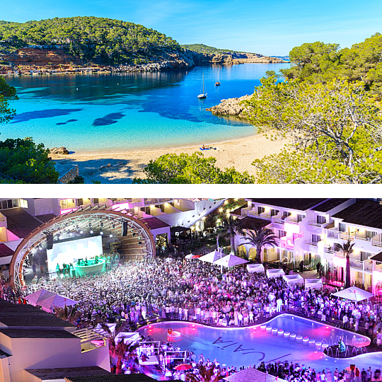 En haut : Eaux cristallines à Cala Salada / En bas : Ushuaïa Ibiza Beach Hotel à Ibiza