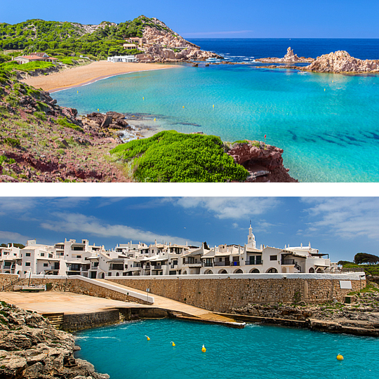 En haut : Cala Pregonda / En bas : Binibeca Vell dans le village de Sant Lluis à Minorque