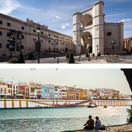 En haut : Monastère San Benito el Real, Valladolid. En bas : Rue Betis à Séville © Turismo de Sevilla