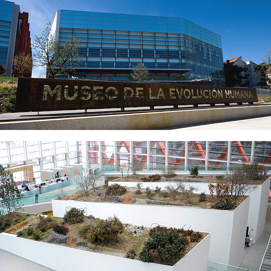 Oben: Fassade des Museums der Evolutionsgeschichte des Menschen in Burgos, Kastilien-León / Unten: Innenansicht des Museums der Evolutionsgeschichte des Menschen in Burgos, Kastilien-León