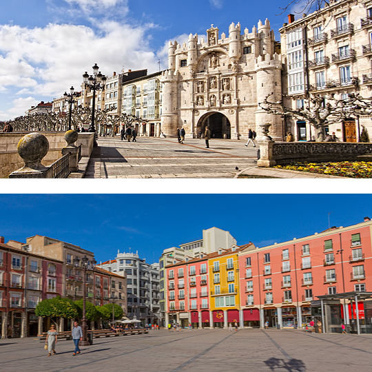 Arriba: Arco de Santa María de Burgos, Castilla y León / Abajo: Plaza Mayor de Burgos, Castilla y León