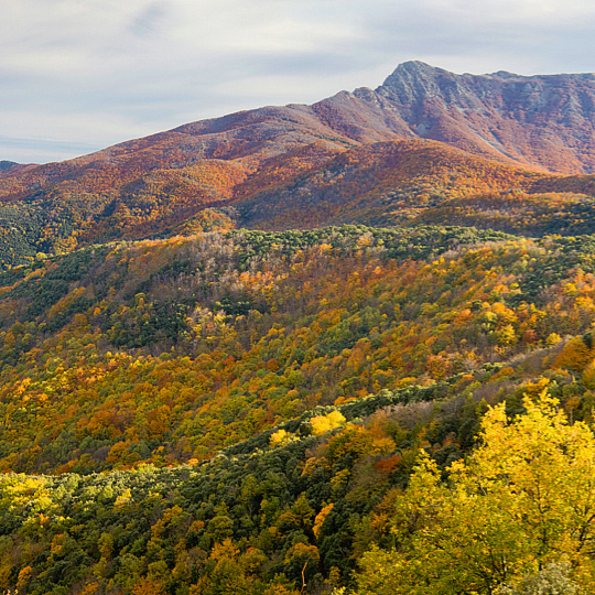 Vista del parco natural del Montseny con la vetta Les Agudes sullo sfondo, a Girona, Catalogna