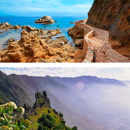 Sopra: Cammino di Ronda a Lloret de Mar, Girona. Sotto: Cammino di Jinama, El Hierro, Isole Canarie