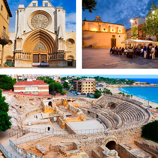 Oben links: Die Kathedrale Santa Tecla. Oben rechts: Terrassen auf der Plaza del Rey © Joan Capdevila. Unten: Römisches Amphitheater von Tarragona