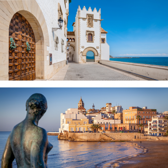 En haut : Musée Cau Ferrat de Sitges dans la province de Barcelone, Catalogne / En bas : Vue du centre historique depuis la plage de Sant Sebastià de Sitges dans la province de Barcelone, Catalogne