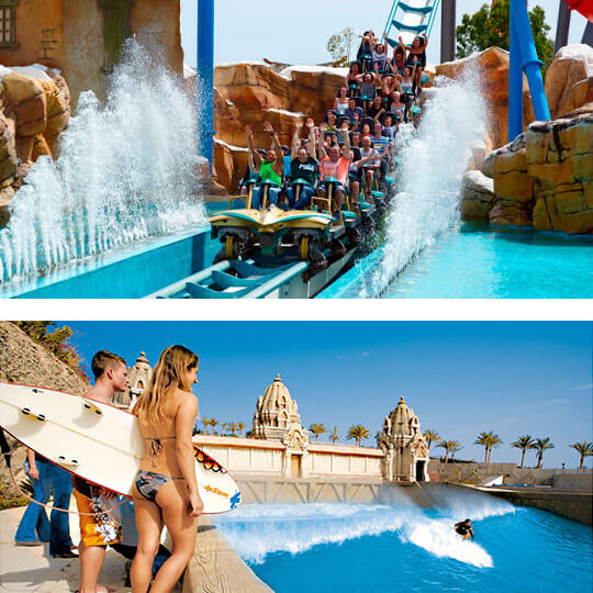 Arriba: Port Aventura, Tarragona. Abajo: Piscina de olas de Siam Park, Tenerife.