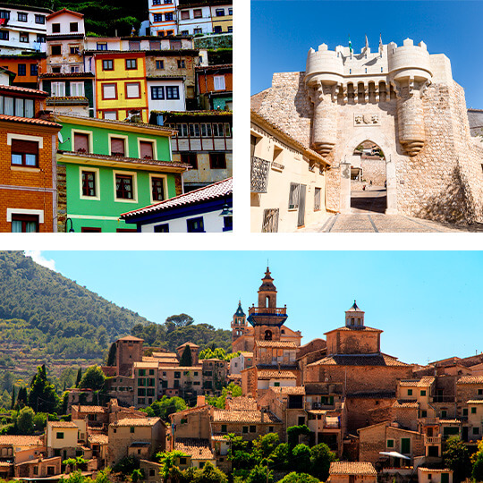 Top left: Cudillero, Asturias. Top right: Puerta de Santa María in Hita, Guadalajara. Below: Valdemossa, Mallorca