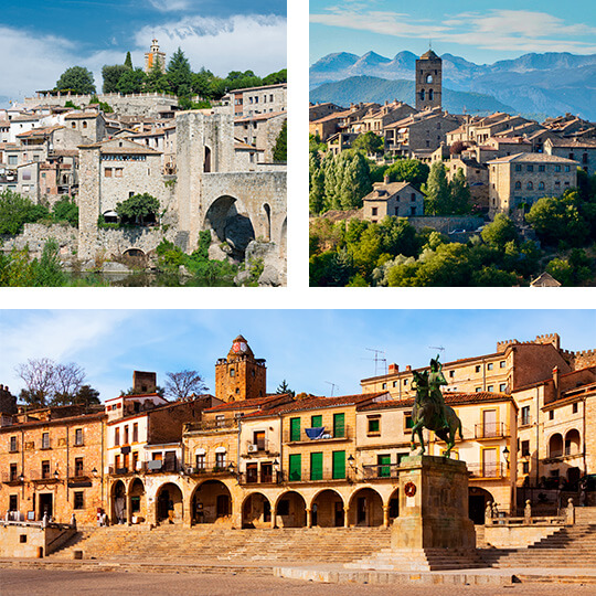 Sopra a sinistra: Besalú, Catalogna. Sopra a destra: Aínsa, Huesca. Sotto: Plaza Mayor di Trujillo, Estremadura