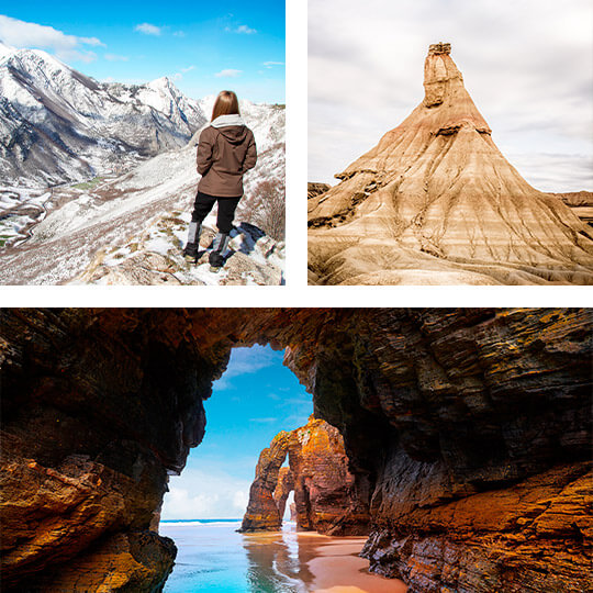 Oben links: Brana de Murmian Route, Somiedo. Oben rechts: Die Bardenas Reales. Unten: Playa de las Catedrales, Lugo