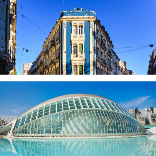 En haut : bâtiment caractéristique dans l'extension du quartier Ruzafa ©Joaquin Corbalan / Ci-dessous : La Cité des arts et des sciences