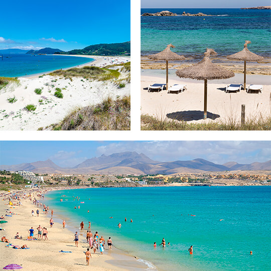 En haut à gauche : Plage de Rodas sur les îles Cíes. En haut à droite : Plage Els Pujols, Formentera. En bas : Costa Calma, Fuerteventura