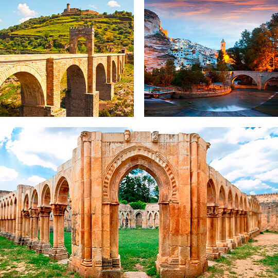 Oben links: Römische Brücke in Alcántara. Oben rechts: Alcalá del Júcar. Unten: Kloster San Juan de Duero, Soria