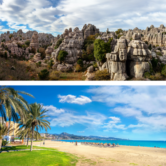 Arriba: el Torcal de Antequera, Málaga / Abajo: la playa de la Malagueta, en Málaga, Andalucía