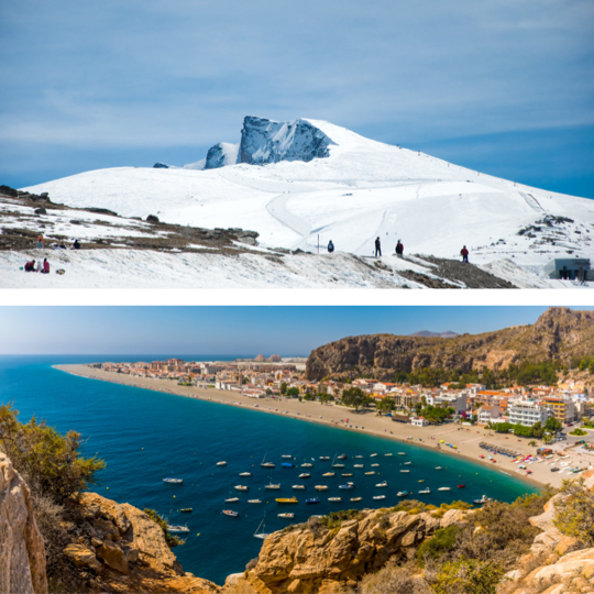 En haut : montagne Veleta à Sierra Nevada, Grenade / En bas : plage de Calahonda à Motril, Grenade