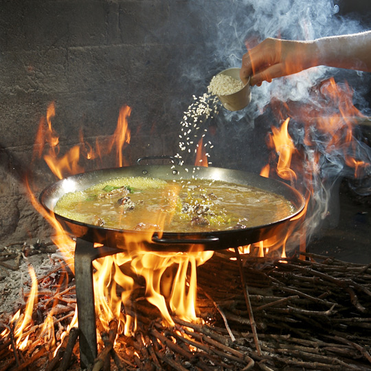 Riz préparé en paella sur des sarments de vigne