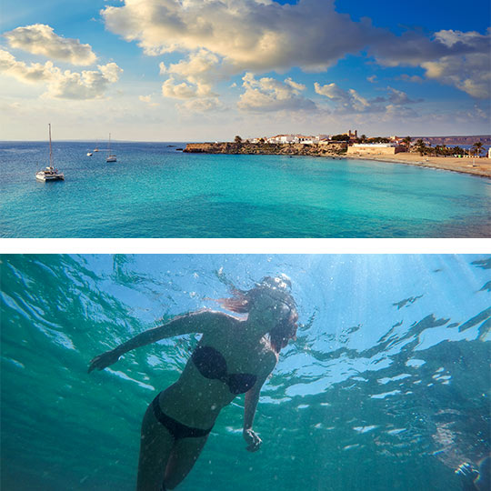 In alto, la spiaggia di Tabarca. In basso, una ragazza fa snorkeling nelle acque dell'isola