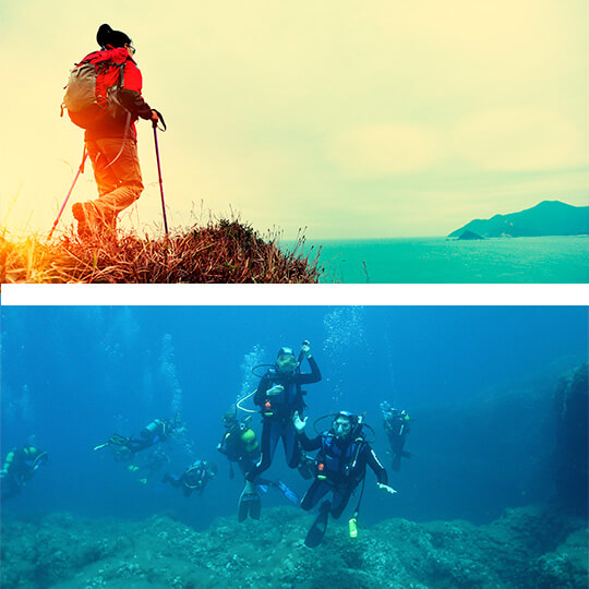 Arriba: Senderismo por la ruta Costera, Ibiza. Abajo: Buceo en Ibiza © Ibiza Travel