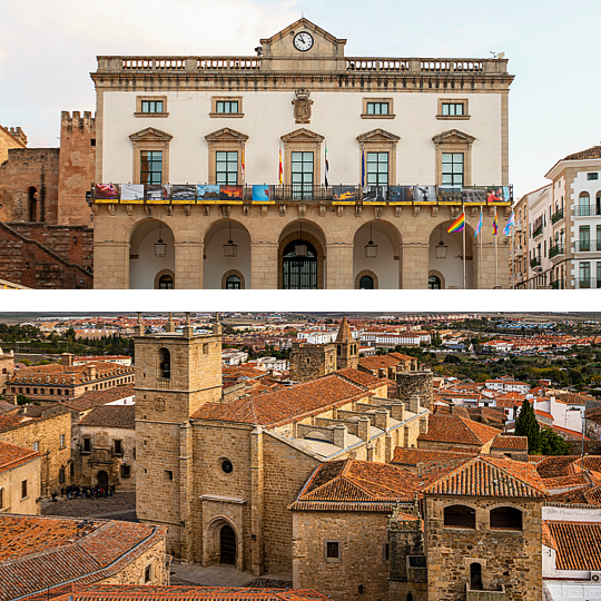 En haut : Hôtel de ville de Cáceres © David MG / En bas : Cathédrale Santa María de la Asunción