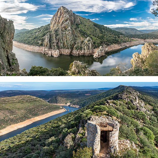 Arriba: Río Tajo a su paso por el Parque Nacional de Monfragüe / Abajo: Castillo de Monfragüe