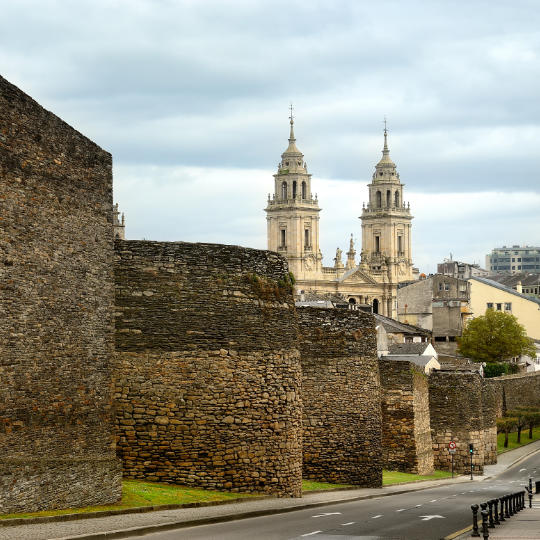 Roman wall in the historic quarter next to the cathedral of Lugo, Galicia.