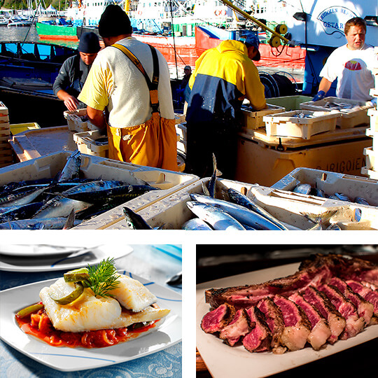 Arriba: Pescadores Vascos en Guetaria © Basquetour. Abajo izquierda: Bacalao al pil pil. Abajo derecha: Txuletón vasca