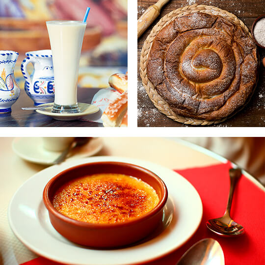 En haut à gauche : Horchata de Valence. En haut à droite : Ensaimada de Majorque En bas : Crème catalane