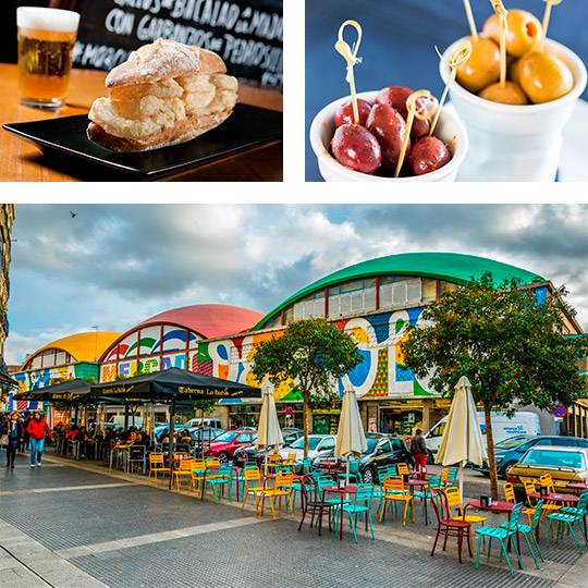 Calamares-Brötchen und Tapa mit Oliven. Markthalle La Cebada, Stadtteil La Latina.