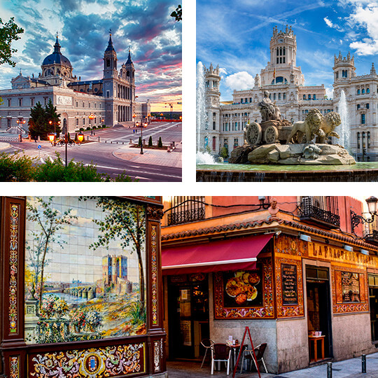 En haut à gauche : Cathédrale de la Almudena. En haut à droite : Fontaine de Cibeles. En bas : des bars traditionnels dans le Barrio de las Letras